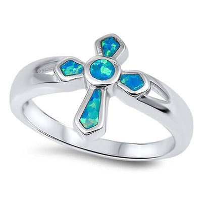 Sterling Silver Stylish Cross Design Inlay with Blue Lab Opal Split Band RingAnd Face Height of 14MM