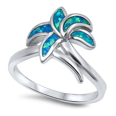 Sterling Silver Fancy Palm Tree Design Inlay with Blue Lab Opal Bypass Band RingAnd Face Height of 13MM