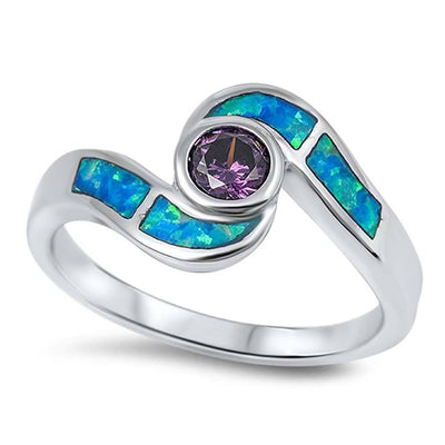 Sterling Silver Modish Bypass Band with Round Cut Amethyst Cz Bezel Set and Inlay with Blue Lab Opal RingAnd Face Height of 10MM