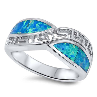 Sterling Silver Stylish Solid Infinity Band with Maze Key Design and Blue Lab Opal Inlaid RingAnd Face Height of 9MM