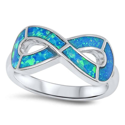 Sterling Silver Modish Infinity Design Inlay with Blue Lab Opal Thick Band RingAnd Face Height of 9MM