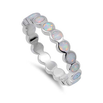 Sterling Silver Eternity Band with White Lab Opal Bezel Set RingAnd Face Height of 3MM