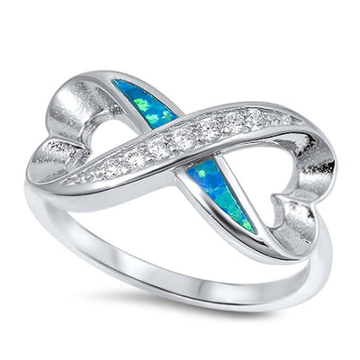 Sterling Silver Fancy Infinity Heart Design with Blue Lab Opal Inlaid and Clear Czs RingAnd Face Height of 10MM
