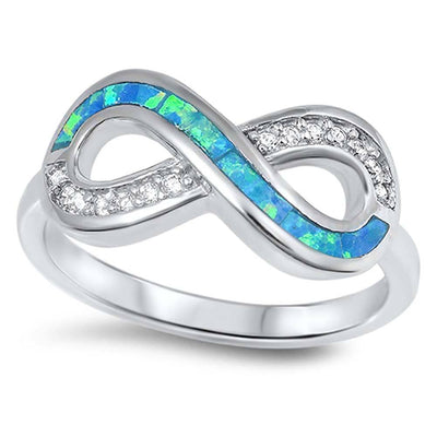 Sterling Silver Modish Infinity Design with Blue Lab Opal Inlaid and Clear Czs RingAnd Face Height of 9MM