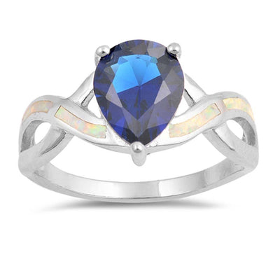 Sterling Silver Pear Shape White Lab Opal Rings With Blue Sapphire CZAnd Face Height 11mm