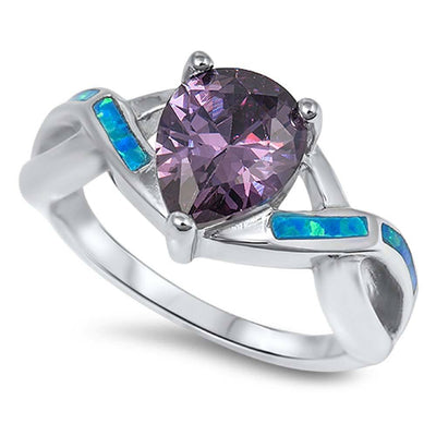 Sterling Silver Stylish Infinity Band with Pear Shape Amethyst Cz and Blue Lab Opal Inlaid RingAnd Face Height of 11MM