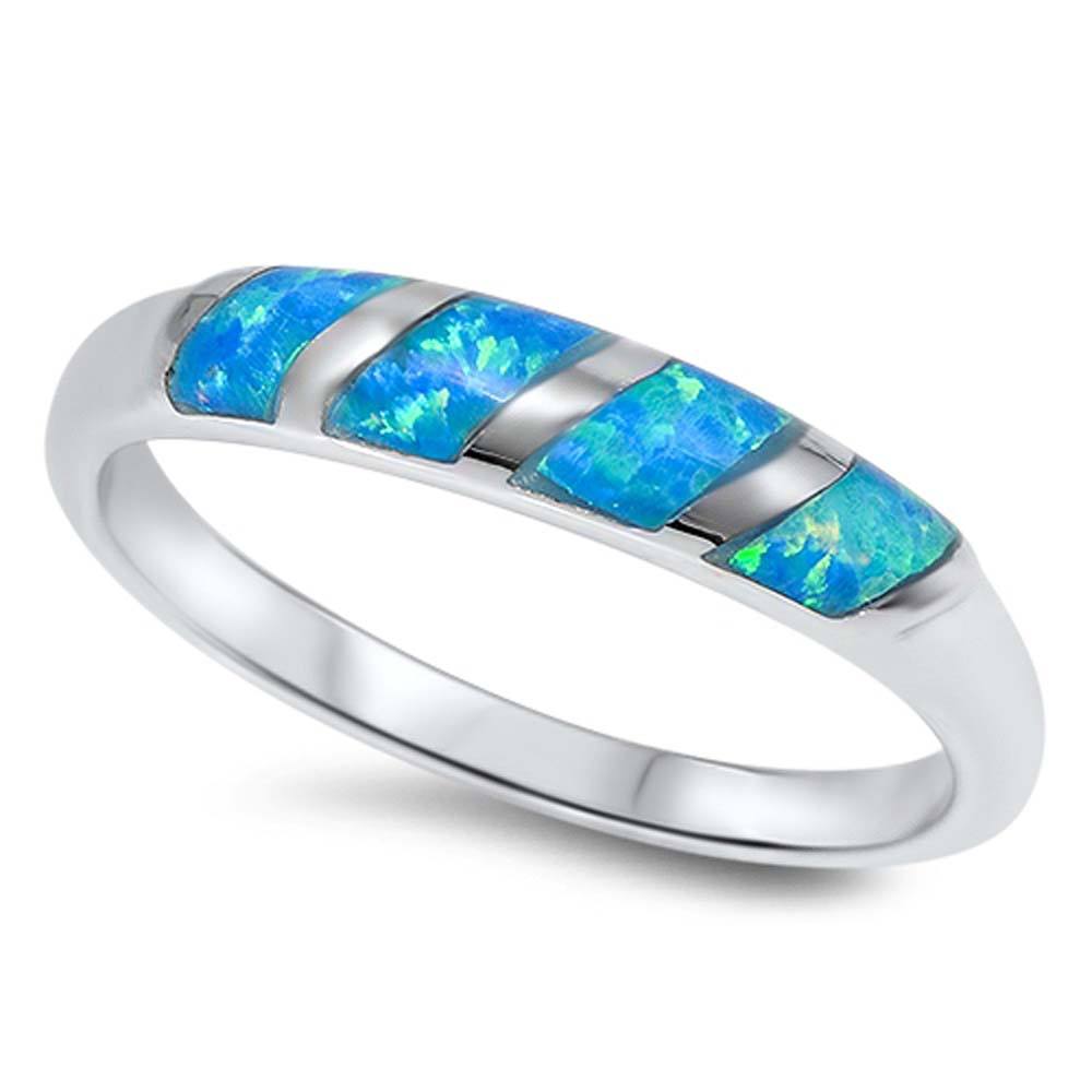 Sterling Silver Modern Band with Blue Lab Opal Strip Inlaid RingAnd Face Height of 3MM