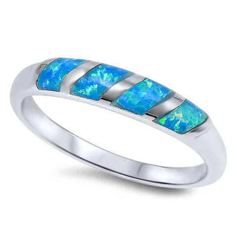Sterling Silver Modern Band with Blue Lab Opal Strip Inlaid RingAnd Face Height of 3MM