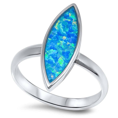Sterling Silver Stylish Marquise Shaped Blue Lab Opal Ring with Face Height of 20MM