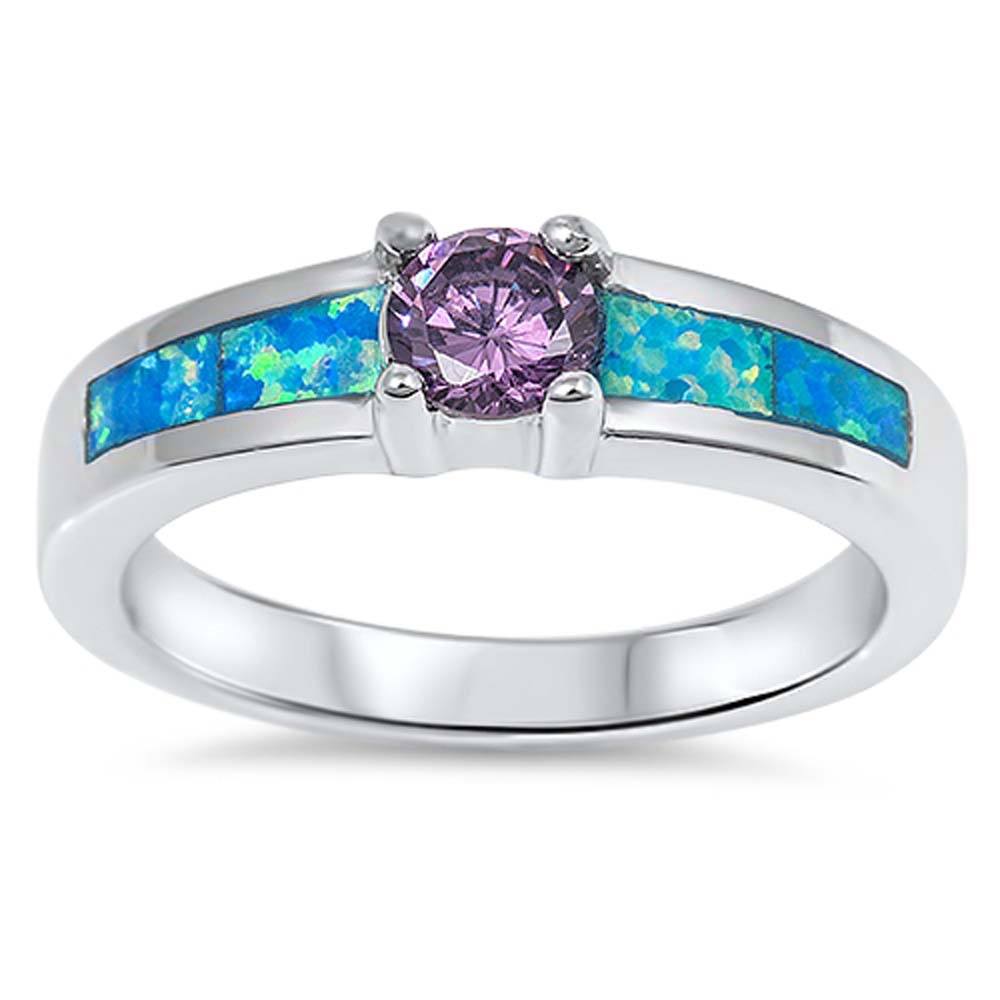 Sterling Silver Solitaire Round Amethyst Cz with Blue Lab Opal Inlaid RingAnd Face Height of 5MM