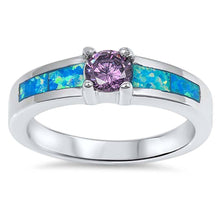 Load image into Gallery viewer, Sterling Silver Solitaire Round Amethyst Cz with Blue Lab Opal Inlaid RingAnd Face Height of 5MM
