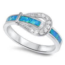 Load image into Gallery viewer, Sterling Silver Fancy Buckle Band Design with Blue Lab Opal Inlaid and Clear Czs RingAnd Face Height of 8MM