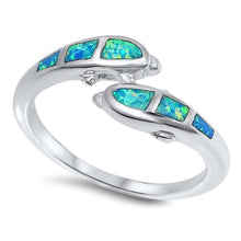 Load image into Gallery viewer, Sterling Silver Fancy Double Dolphin Design with Blue Lab Opal Inlaid RingAnd Face Height of 9MM