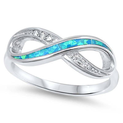 Sterling Silver Modish Infinity Design with Blue Lab Opal Inlaid and Clear Czs RingAnd Face Height of 7MM