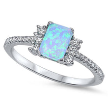 Load image into Gallery viewer, Sterling Silver Stylish Emerald Cut Blue Lab Opal Inlay with Clear CZs and Three Round Czs on each Side RingAnd Face Height of 7MM