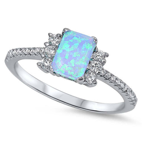 Sterling Silver Stylish Emerald Cut Blue Lab Opal Inlay with Clear CZs and Three Round Czs on each Side RingAnd Face Height of 7MM