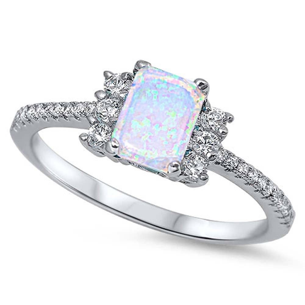 Sterling Silver Stylish Emerald Cut White Lab Opal Inlay with Clear CZs and Three Round Czs on each Side RingAnd Face Height of 7MM
