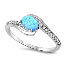 Load image into Gallery viewer, Sterling Silver Fancy Swirl Band Embedded with Clear Cz with Solitaire Oval Cut Lab Blue Opal, Face Height of 9MM