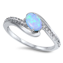 Load image into Gallery viewer, Sterling Silver Fancy Swirl band Embedded with Clear Czs with Solitaire Oval Cut Lab Light Blue OpalAnd Face Height of 9MM