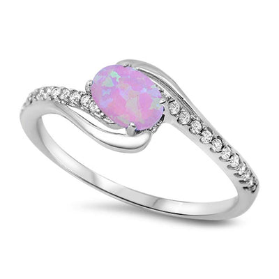 Sterling Silver Oval Pink Lab Opal Rings with CZ Stones And Face Height 9mm