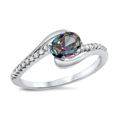 Sterling Silver Oval with Rainbow Topaz and Cubic Zirconia Ring