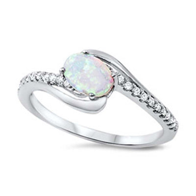 Sterling Silver Fancy Swirl Band Embedded with Clear Cz with Solitaire Oval Cut Lab White Opal, Face Height of 9MM