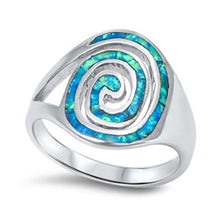 Load image into Gallery viewer, Sterling Silver Blue Lab Opal Oval Spiral Design Wide Ring with Face Height of 7MM