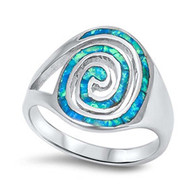 Sterling Silver Blue Lab Opal Oval Spiral Design Wide Ring with Face Height of 7MM