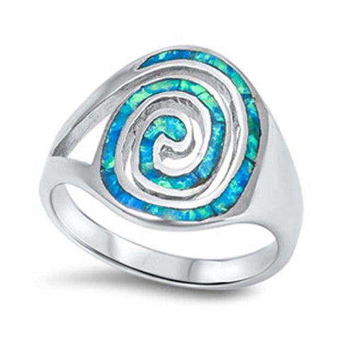 Sterling Silver Blue Lab Opal Oval Spiral Design Wide Ring with Face Height of 7MM