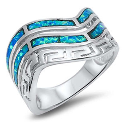 Sterling Silver Trendy Wavy Design Lab Blue Opal Ring BandAnd with Face Height of 15MM