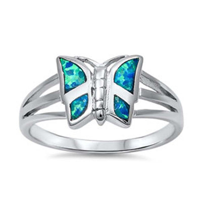 Sterling Silver Trendy Butterfly Inlaid with Blue Lab Opal Split Band RingAnd Face Height of 11MM