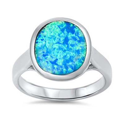 Sterling Silver Plain Oval Blue Lab Opal Ring with Face Height of 13MM