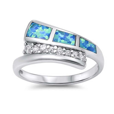Sterling Silver Fancy Blue Lab Opal and Centered Inlay with Clear Cz Bypass Band RingAnd Face Height of 9MM