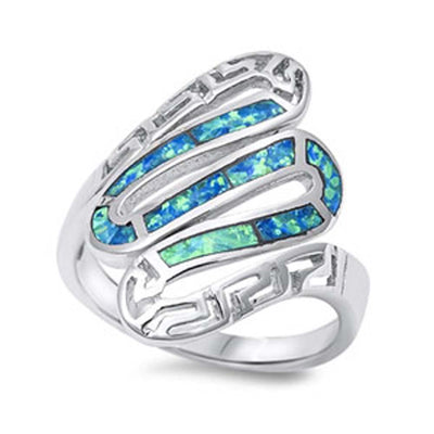Sterling Silver Key Maze Design Inlaid with Blue Lab Opal Wavy RingAnd Face Height of 23MM