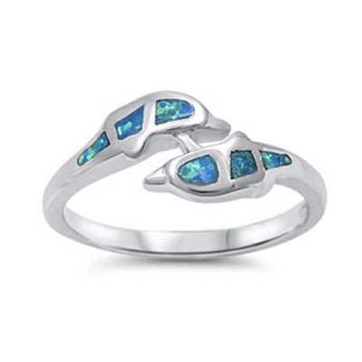 Sterling Silver Fancy Twin Dolphin Design Inlaid with Blue Lab Opal RingAnd Face Height of 8MM