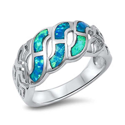 Sterling Silver Fancy Curb Link Inlaid with Blue Lab Opal RingAnd Face Height of 11MM