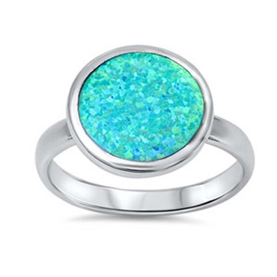 Sterling Silver Plain Round Blue Lab Opal Ring with Face Height of 13MM