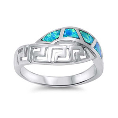 Sterling Silver Fancy Shape Band Inlaid with Blue Lab Opal and Key Maze Design Ring with Face Height of 9MM
