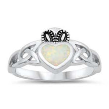 Load image into Gallery viewer, Sterling Silver White Lab Opal Claddagh Ring