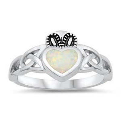 Sterling Silver White Lab Opal Claddagh Ring