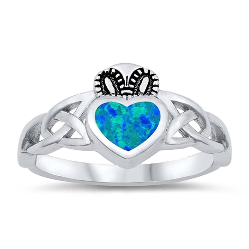 Sterling Silver Braided design Band with Solitaire Heart Shaped Lab Blue Opal Center StoneAnd Face Height of 11MM