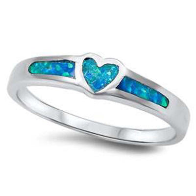 Sterling Silver Heart Shape Blue Lab Opal RingsAnd Face Height 5mm