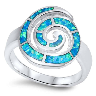 Sterling Silver Modish Round Spiral Design Inlaid wih Blue Lab Opal RingAnd Face Height of 17MM