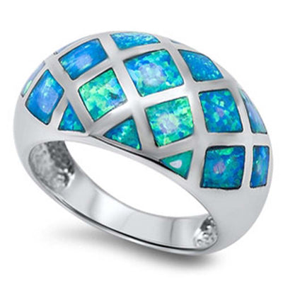 Sterling Silver Domed Style band inlaid With Lab Blue Opal Face Height of 13MM