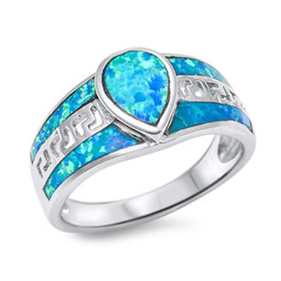 Sterling Silver Centered Pearshape Blue Lab Opal Inlaid with Key Maze Design and Blue Lab Opal Edge Wide Band RingAnd Face Height of 6MM