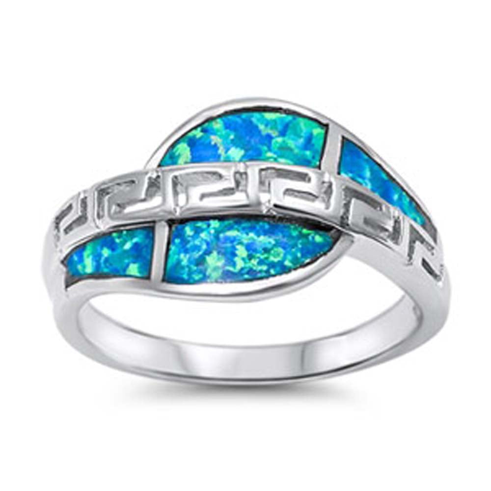 Sterling Silver Fancy Band Ring Inlaid with Blue Lab Opal and Key Maze DesignAnd Face Height of 11MM