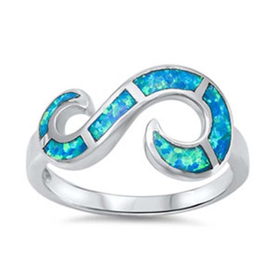 Sterling Silver Sideways S Shaped Design Inlaid with Blue Lab Opal RingAnd Face Height of 11MM