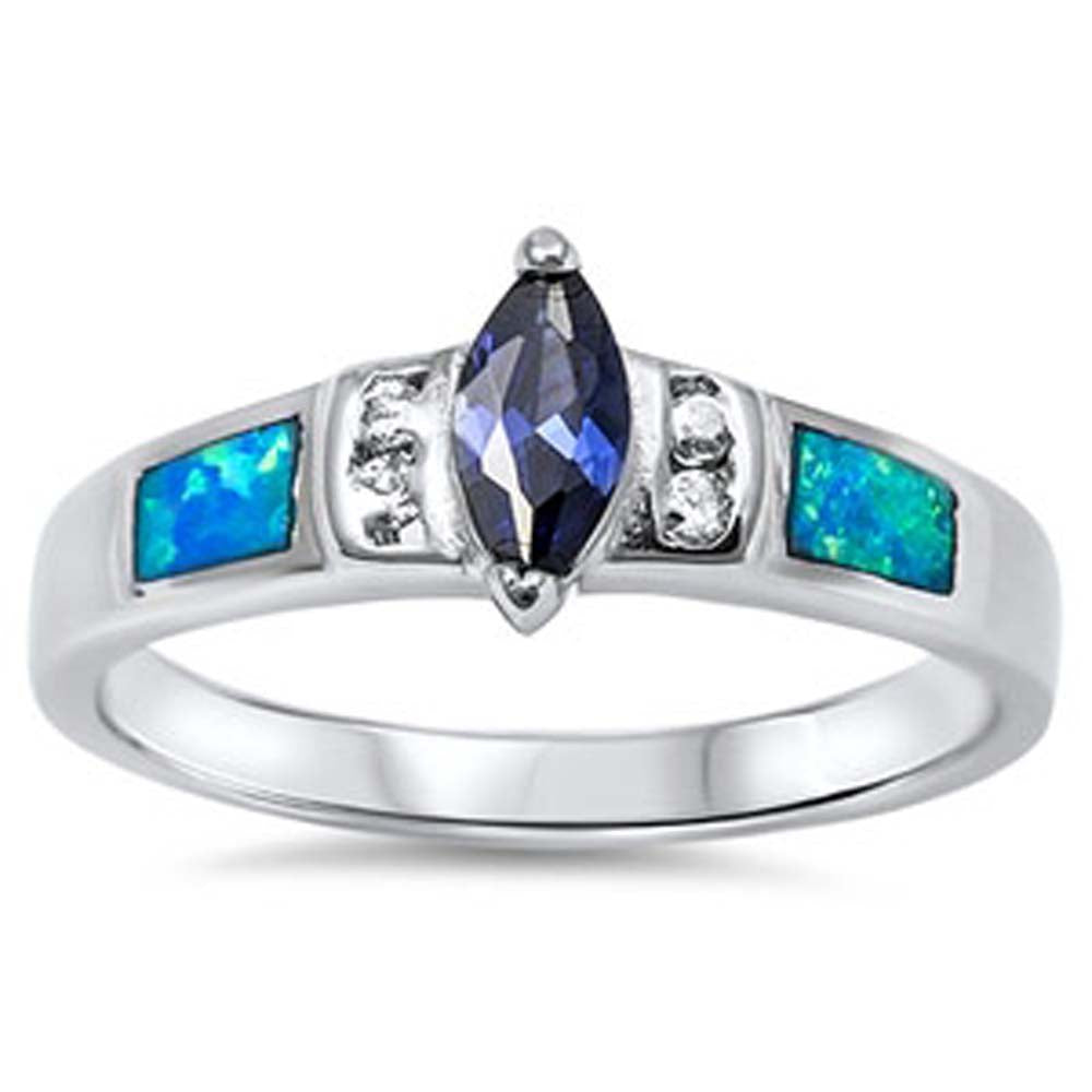 Sterling Silver Fancy Band Inlaid With Clear Czs and lab Blue Opal with Marquise Cut Blue Sapphire Center StoneAnd face Height of 8MM