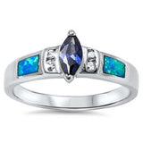 Sterling Silver Fancy Band Inlaid With Clear Czs and lab Blue Opal with Marquise Cut Blue Sapphire Center StoneAnd face Height of 8MM
