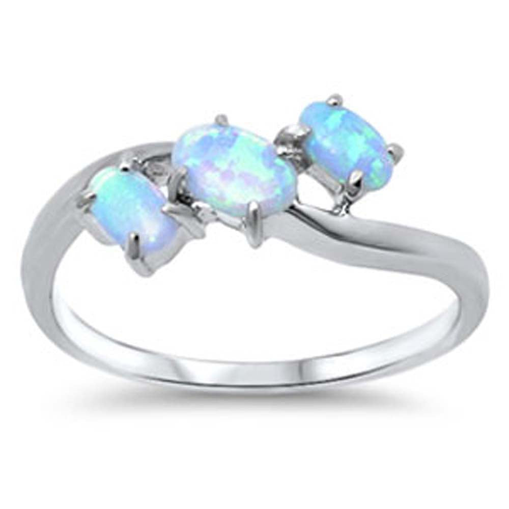 Sterling Silver Classy Three Oval Cut Light Blue Lab Opal Bypass Band Ring with Face Height of 9MM
